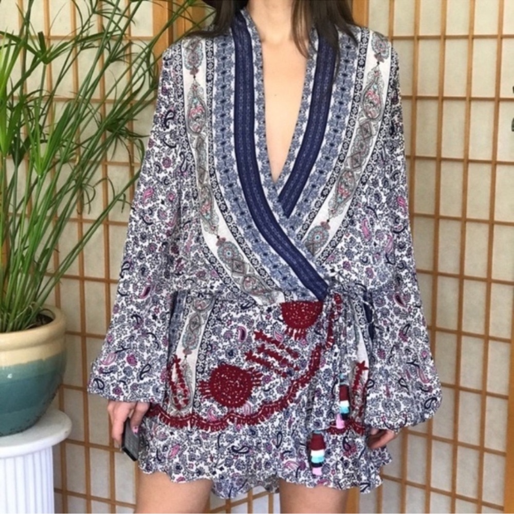 ROCOCO SAND || Prisma Wrap Mini Dress || Blue Paisley || XS